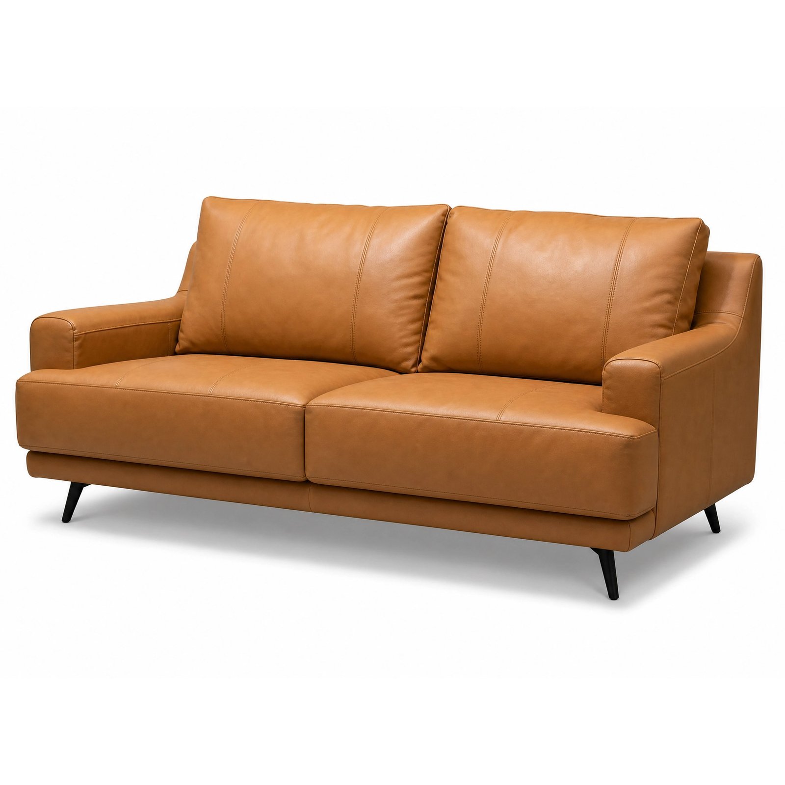 Leo Sofa in tan leather, mid-century two seater and three seater design