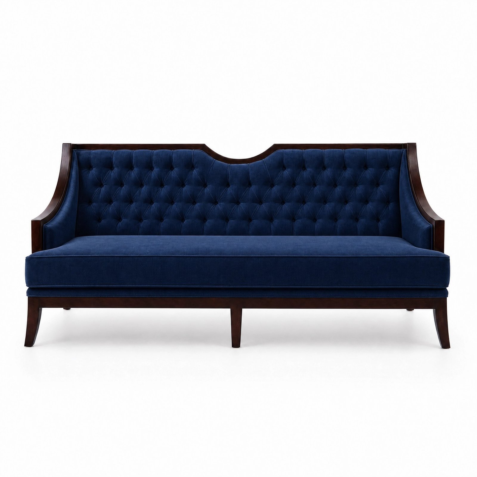Noorjahan velvet tufted sofa in navy blue with exposed teak wood frame