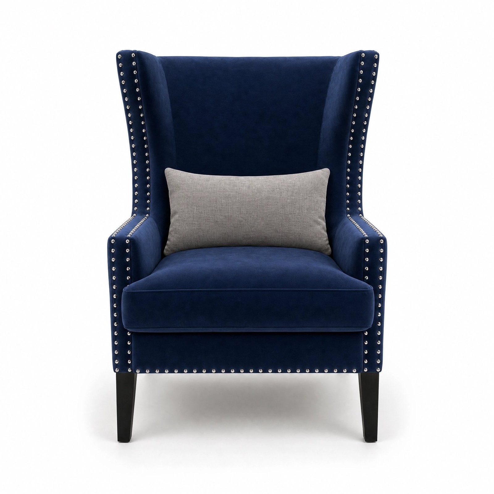 Opera velvet wing chair in navy blue with nailhead trim