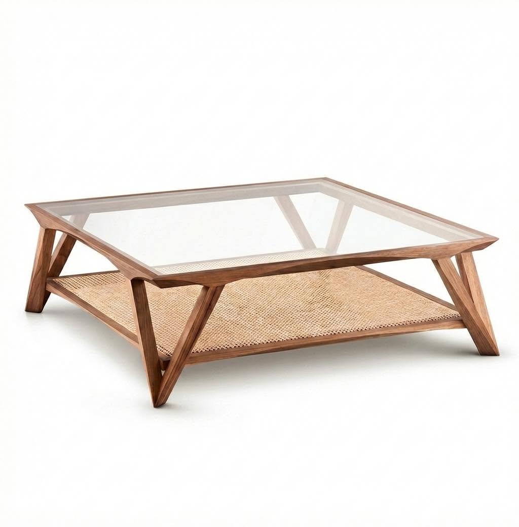Aruna cane craft center table, angled view, wooden frame with glass top and cane shelf Aruna cane craft center table, angled view, wooden frame with glass top and cane shelf