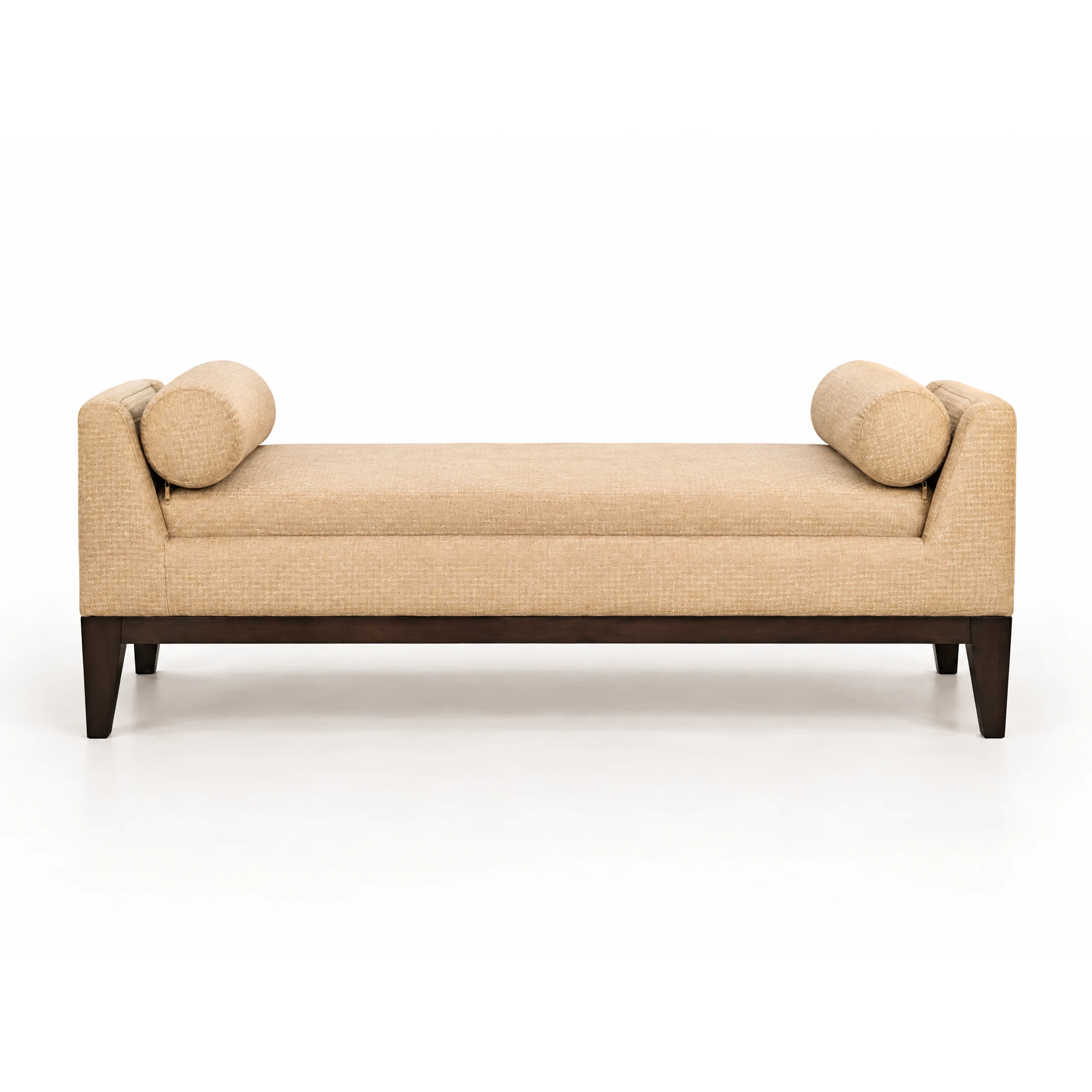 divan view front Luna Modern Upholstered Divan with bolster cushions and teak legs